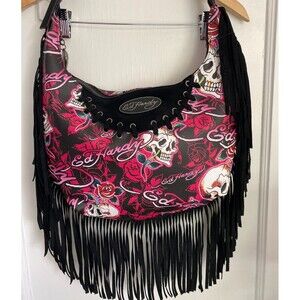 NWT Ed Hardy Red Roses White Skull Black Suede Fringe Tiger Lining 2 Pockets Zip